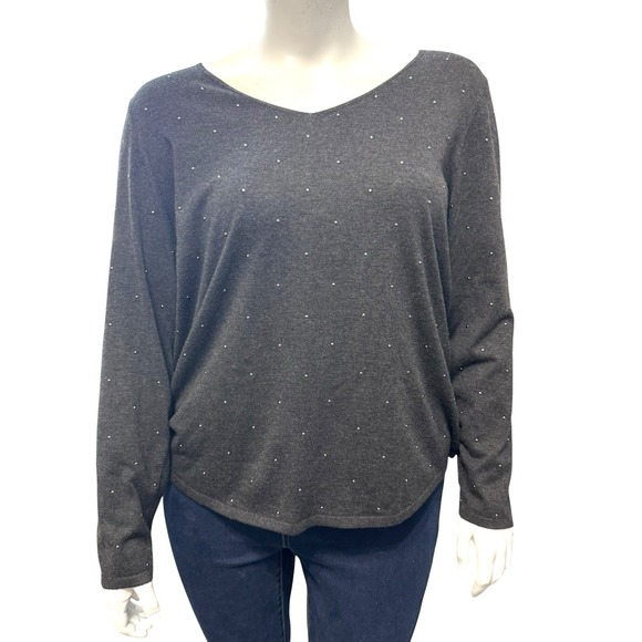 CHICO'S Size 3‎ US XL V-Neck Pullover Lightweight Sweater Gunmetal Gray Studs - Picture 1 of 8